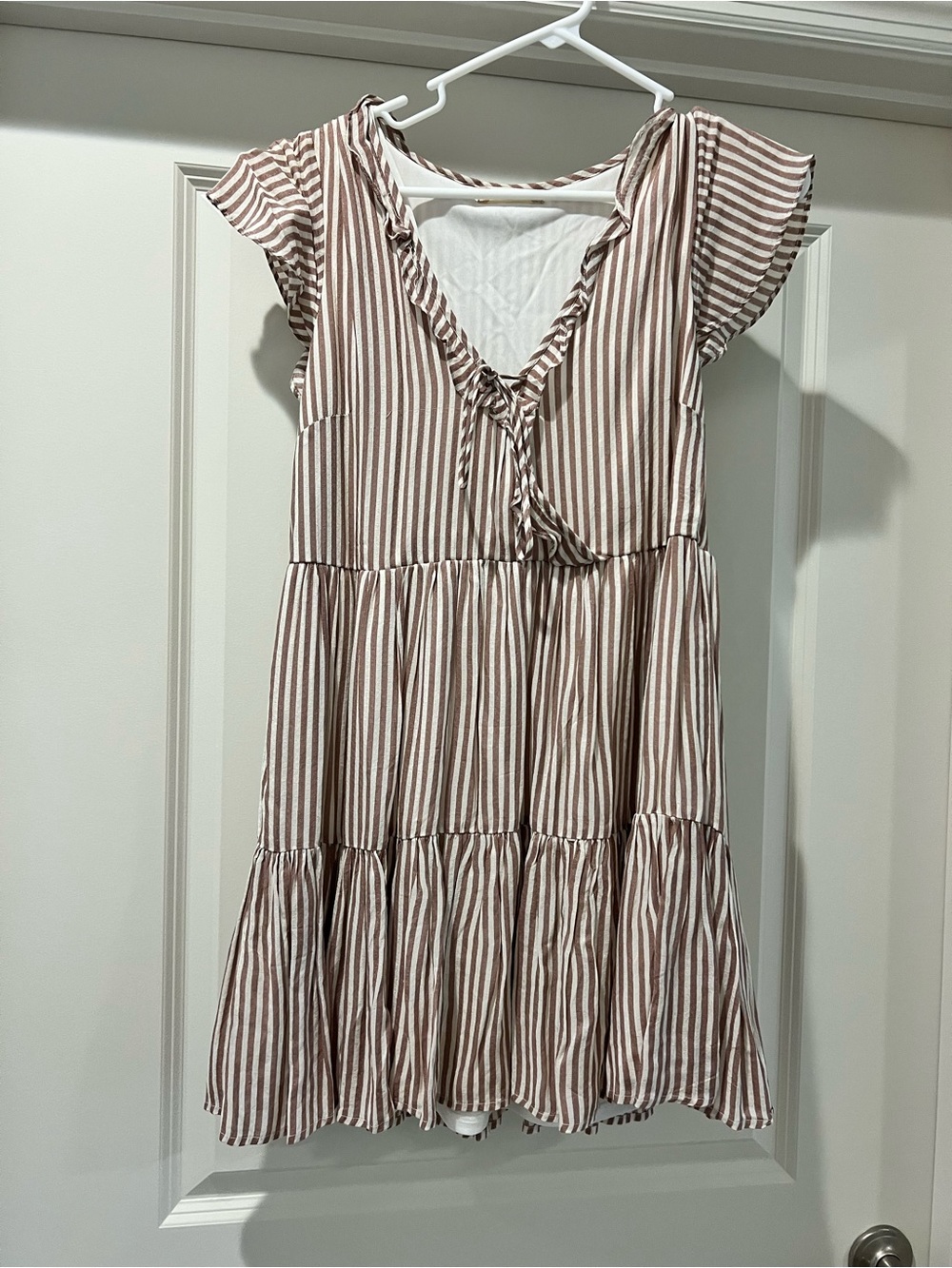Altar’d State Ruffle-Trim Brown & White Striped Dress